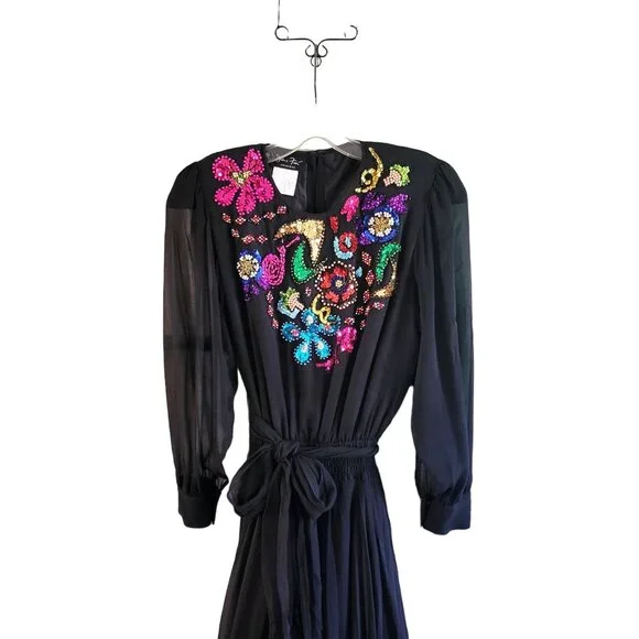 Vintage Diane Freis Original Black Silk Dress With Colorful Beaded Floral Design - Picture 3 of 7